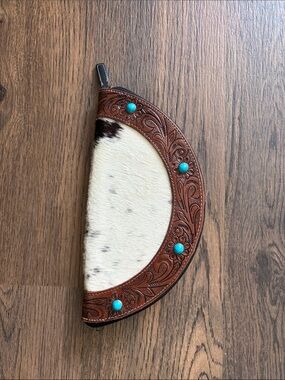 Turquoise Accent Cowhide & Tooled Leather Half-Moon Pouch